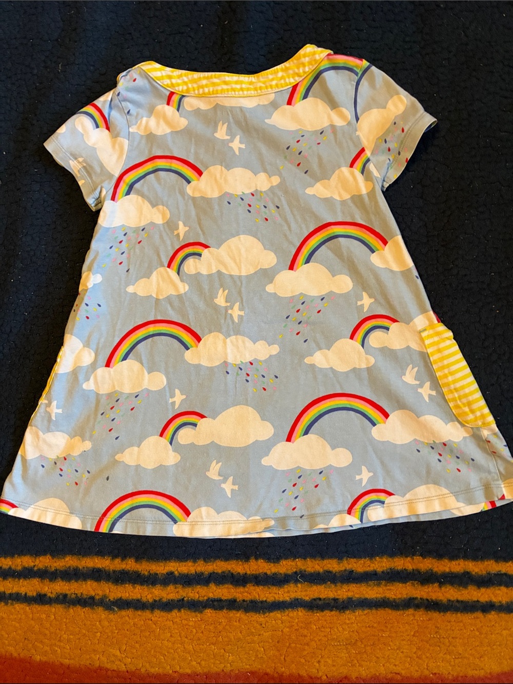 Mini Boden White Tee with Yellow Stripe Trim white clouds rainbow dress - Picture 4 of 6